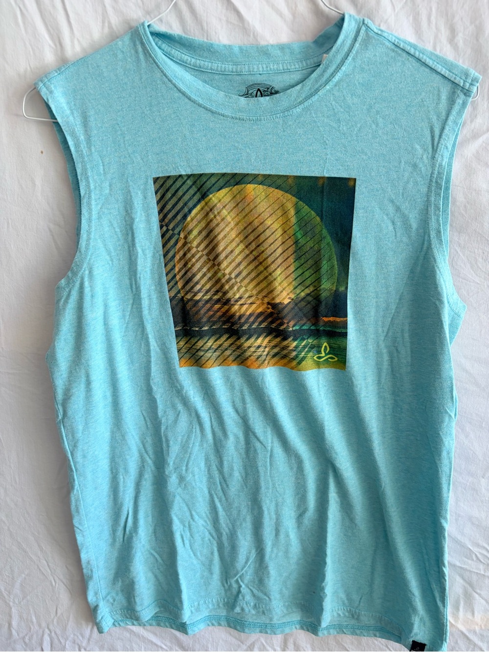 Prana Light Blue Graphic Men’s Muscle Tee with Sunset Print